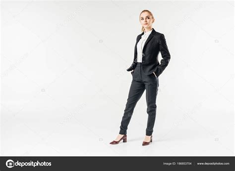 Attractive Businesswoman Standing Looking Away Isolated White Stock