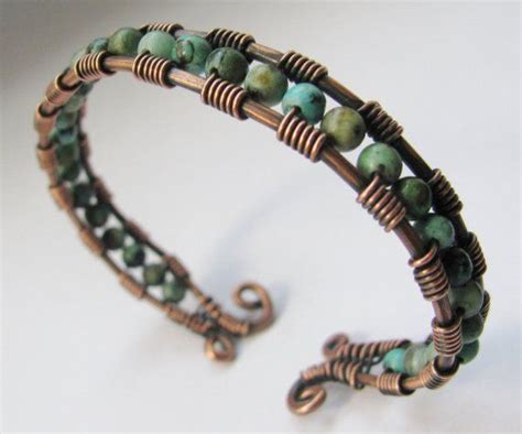 Copper And African Turquoise Wire Wrapped Cuff Bracelet Etsy Wire