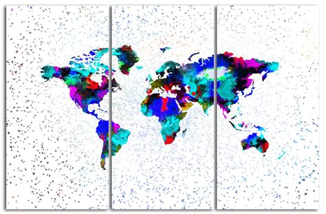 Colorful Paint World Map 3 Panel Split Canvas Print Triptych 15
