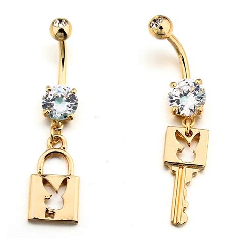 Omeng New Gold Piercing Surgical Steel Lovers Zirconia Navel Bar Gold Lock And Key Dangle Body