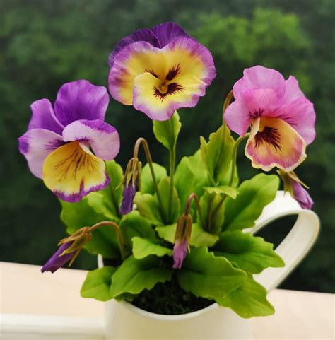 Purple Pansies Arrangementcold Porcelain Flowerspolymer Clay Etsy