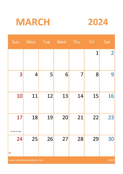 Blank March 2024 Calendar Printable M34056