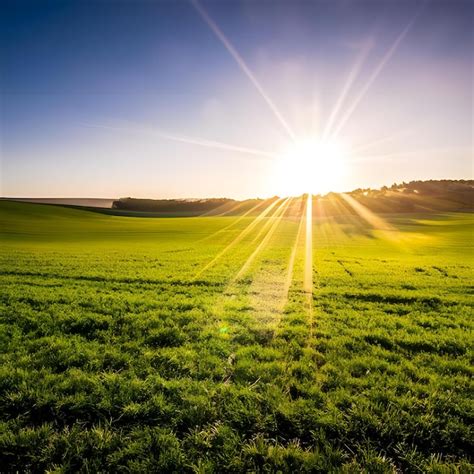 Premium Ai Image Photo Green Fields Sunrise With Sunrays 6