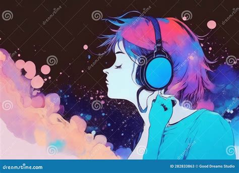 Abstract Art Beautiful Anime Girl Listening To Music With Headphones