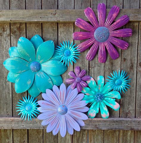 Turquoise Purple Passion Metal Fencewall Flowers 9 Pc Outdoorindoor