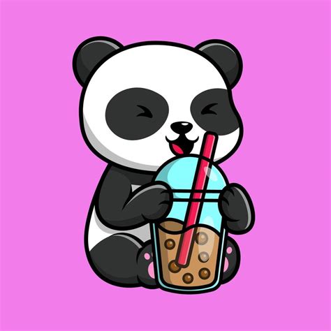 Cute Panda Drink Boba Milk Tea Cartoon Vector Icons Illustration Flat