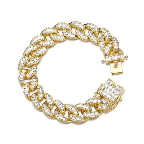Feel Style Male Lump Zircon Gold Plated Cuban Chain Bracelet For Men