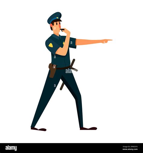 Policeman Character Blowing The Whistle Vector Illustration Of Patrol