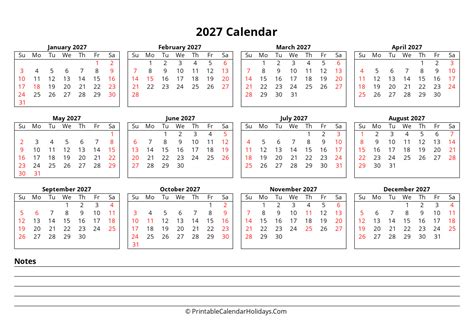 Free Printable Calendar 2027 Word Pdf Excel