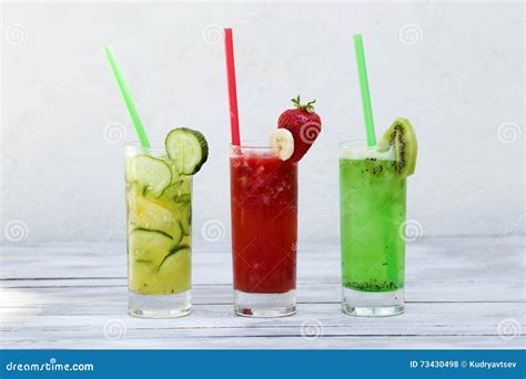Three Glasses Of Summer Drink With Ice Stock Photo Image Of Closeup