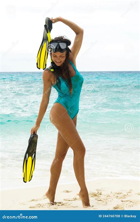 Woman During Snorkeling On The Sandy Beach Stock Photo Image Of Blue Swimming