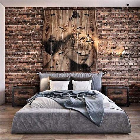 A Bedroom With Brick Walls And A Large Painting On The Wall