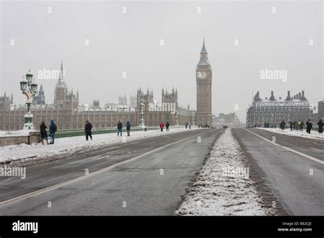 Big Ben And Westminster Bridge Under Heavy Snow In London 2009 Stock