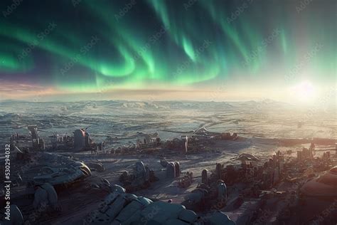 Sci Fi Polar Station On Snowy Landscape At Sunrise 3d Art Illustration