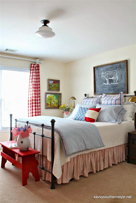 A medium sized bed, placed in the center of the room against a back wall creates space on both sides. A Patriotic Favorite Room | Bedroom decor, Patriotic ...