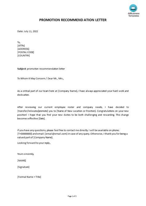 Promotion Recommendation Letter In Word Templates At