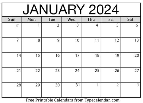 Free Printable January 2024 Calendar Download