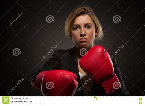Businesswoman Posing In Red Coloured Boxing Gloves Stock Image Image