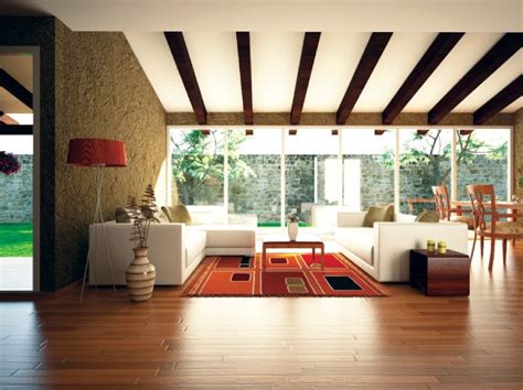 Rustic wooden beams mimic the gleaming wood floors underfoot. Orange accent living room ceiling beams | Interior Design ...