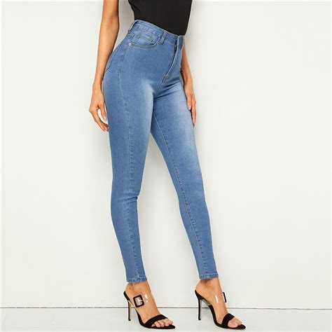 woman casual denim high waist jeans button and zipper fly blue ladies jeans power day sale