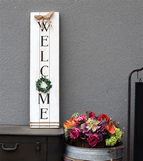 Stars are painted in red, white and blue for a festive look on holidays or anytime. Vertical Wooden Welcome Sign Plaque with Wreath Wall ...