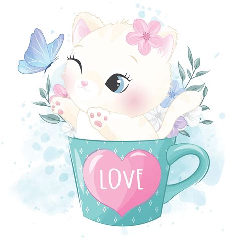 Cute Little Kitty With Watercolor Illustration 2063633 Vector Art At