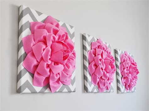 Bright Pink Wall Art Set Of Three Pink Dahlias On Gray And Etsy