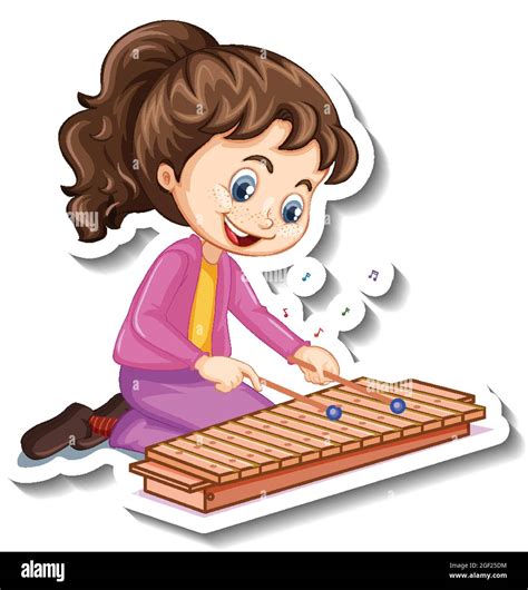 Cartoon Character Sticker With A Girl Playing Xylophone Illustration