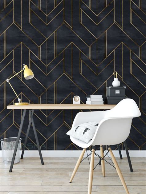 Peel And Stick Wallpaper Geometric Gold Line Black Kraska Removable