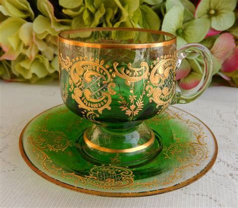 Moser Bohemian Glass Cup And Saucer ~ Gold Gilt ~ Green By Donna S Collectables Moser Glass