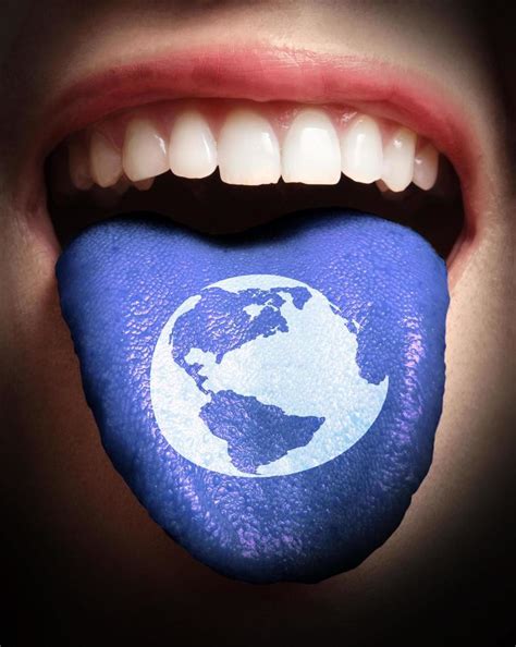 woman with open mouth spreading tongue colored in world icon as social network concept 5323605