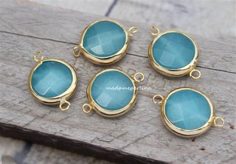 Turquoise Jade CONNECTORS Faceted Round Gemstone Links Glossy Gold
