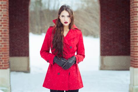 Wallpaper Red Coat Fashion Model Girl Fur Clothing Outerwear