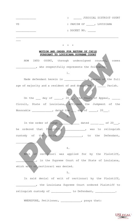 New Orleans Louisiana Motion And Order For Return Of Child La Supreme