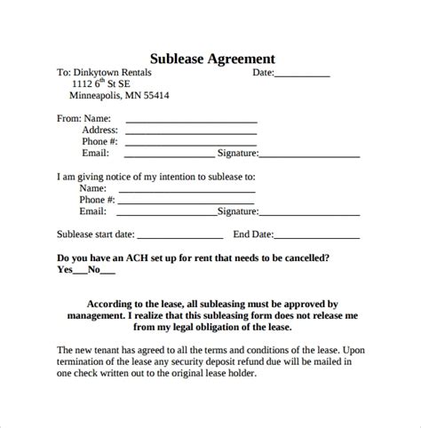 sample  sublease agreement templates