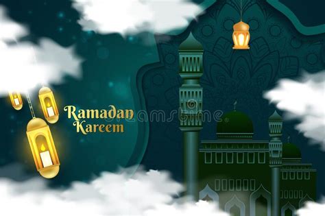 Background Ramadan Kareem Style Islamic Green Mosque And Element Stock