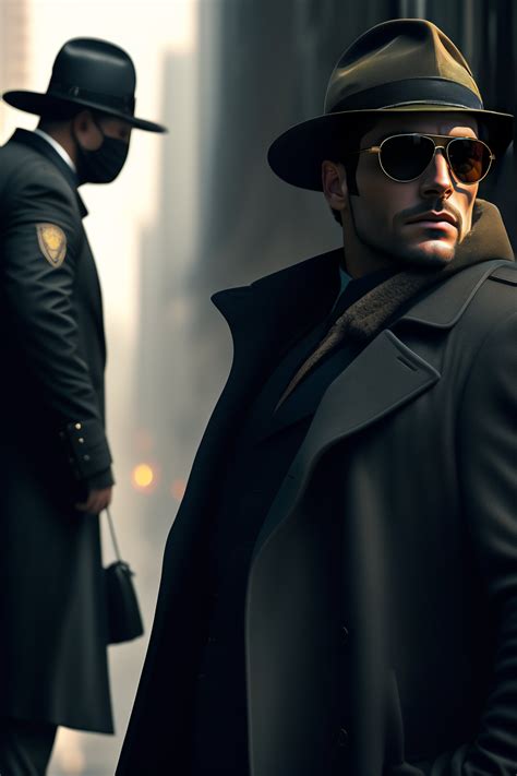 Lexica - Detective, fedora hat, black trenchcoat, gasmask, sunglasses