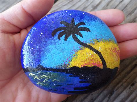 Sunset On The Beach Hand Painted Acrylic On River Rock By Cassie