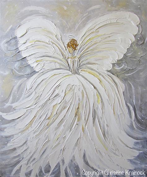 Original Abstract Angel Painting White Grey Gold Guardian Angel Artwor