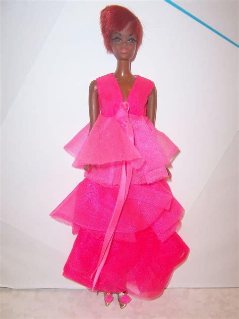 julia barbie doll 1969 in pink fantasy robe gown hot pink tagged and lame pom slippers