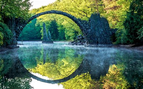 Old Stone Arched Bridge Lake Reflection Desktop Wallpaper Free
