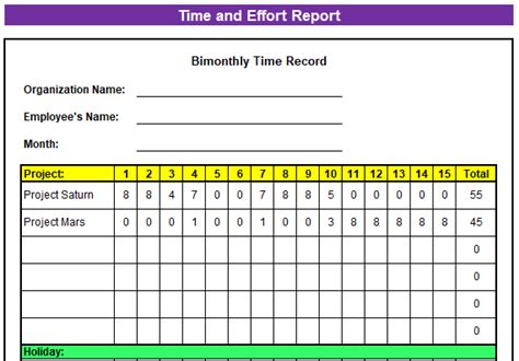 Bimonth Project Timesheet Template Free Download