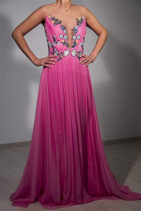 SILK CHIFFON GOWN EMBELLISHED WITH FLORAL PRINTS - Rhea Costa-Shop