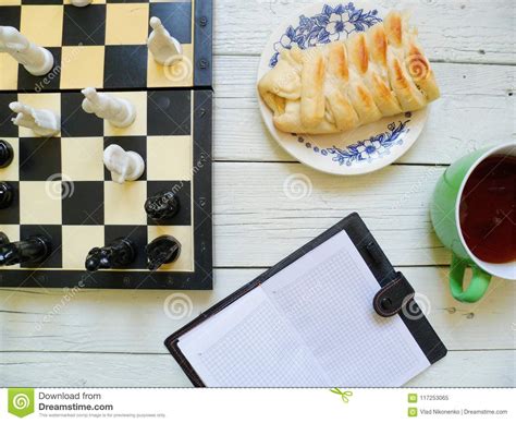 Chess Apple Pie A Cup Of Tea And A Notebook Stock Image Image Of