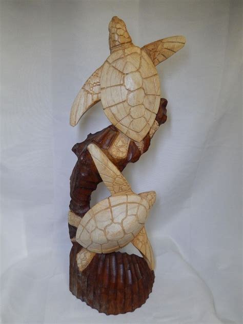 hand carved double turtles  tone wood sculpture coastal beach home decor pesas