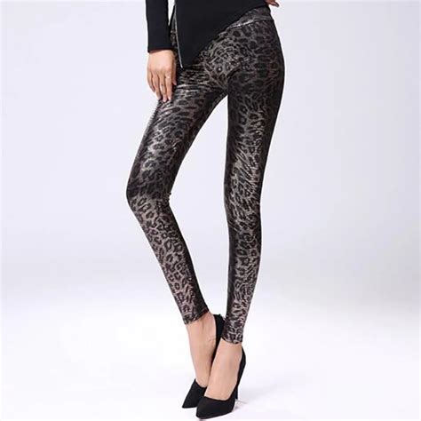 Gothic Sexy Slimming Leopard Leggings Pu Leather Printed Legging Ninth