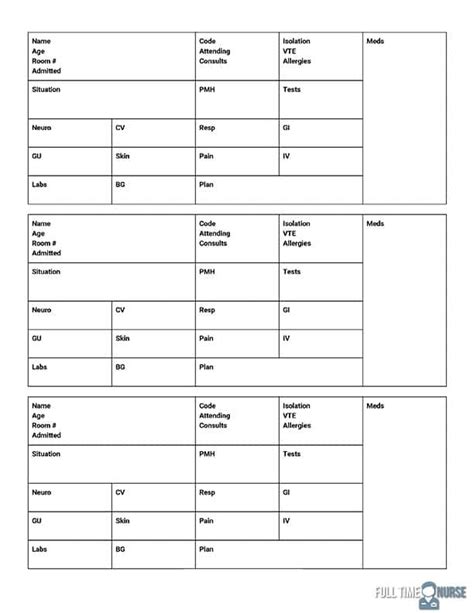 Note Taking Printable Nursing Report Sheet Template Icu Report Sheet