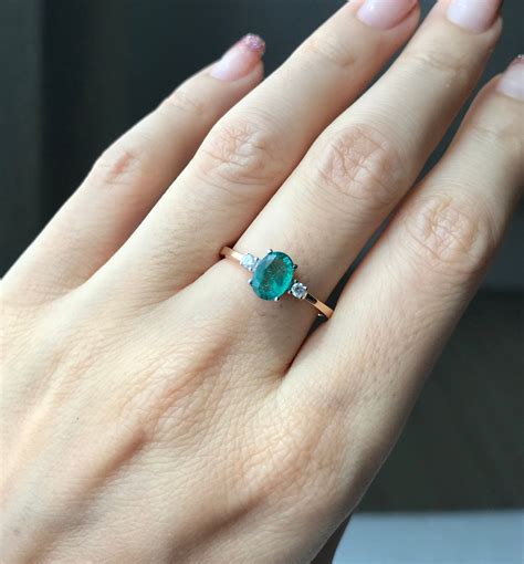 Oval Emerald Three Stone Engagement Ring Genuine Emerald Promise Ring For Her Two Tone Gold