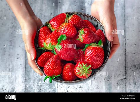 Bowl With Fresh Strawberries Hands Of A Girl Stock Photo Alamy