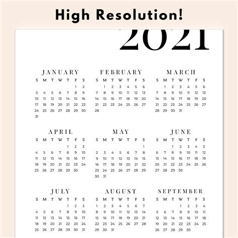 2021 Year At A Glance Calendar Printable Yearly Calendar Etsy